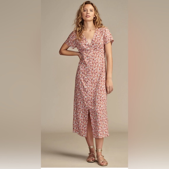 Print Short Sleeve Button Front Midi Dress - Picture 1 of 5